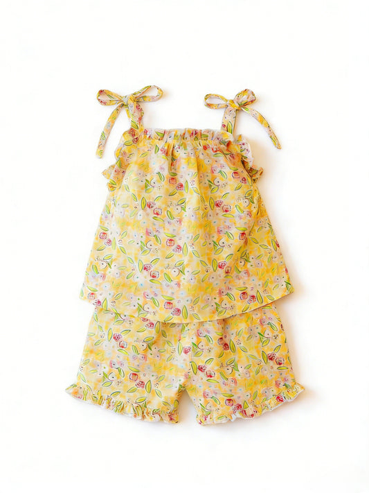 MOQ 5 PCS Preorder GSSO3414 Floral Orange Yellow Halter Shorts Girls Sets 202602