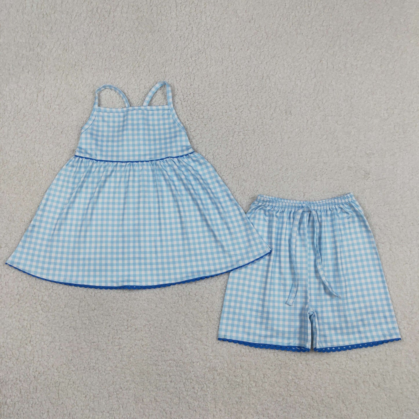GSSO3418 Light Blue Plaid Halter Shorts Girls Sets 202604 RTS