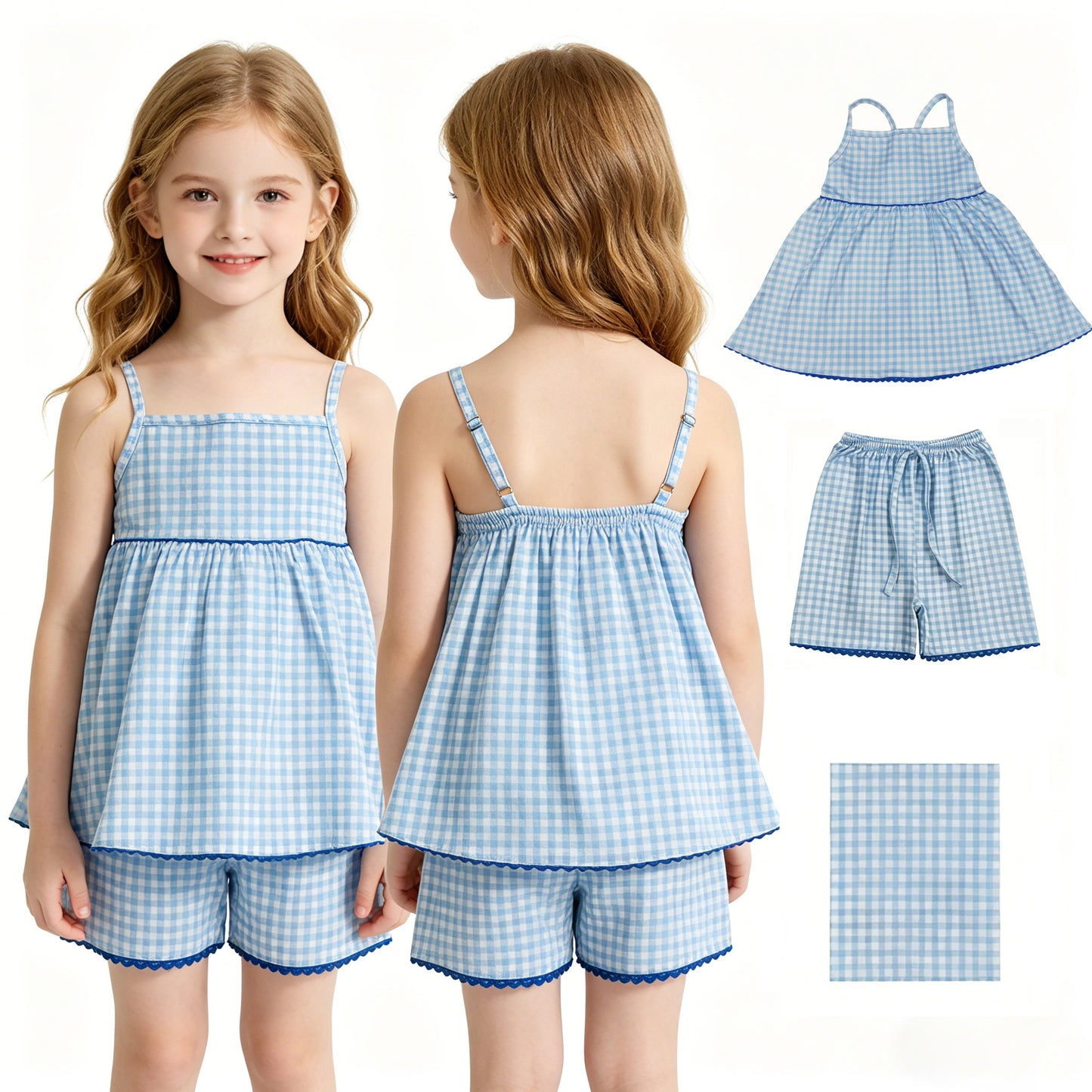 GSSO3418 Light Blue Plaid Halter Shorts Girls Sets 202604 RTS