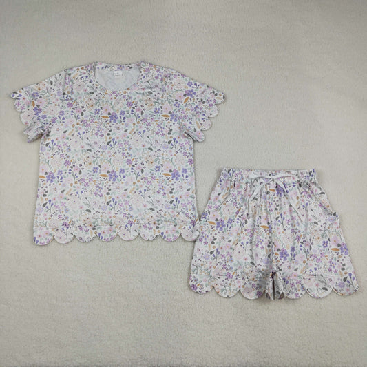 GSSO3420 Adult Female Purple Flower Leaf White Ruffle Short Sleeve Shorts Sets 202605 RTS