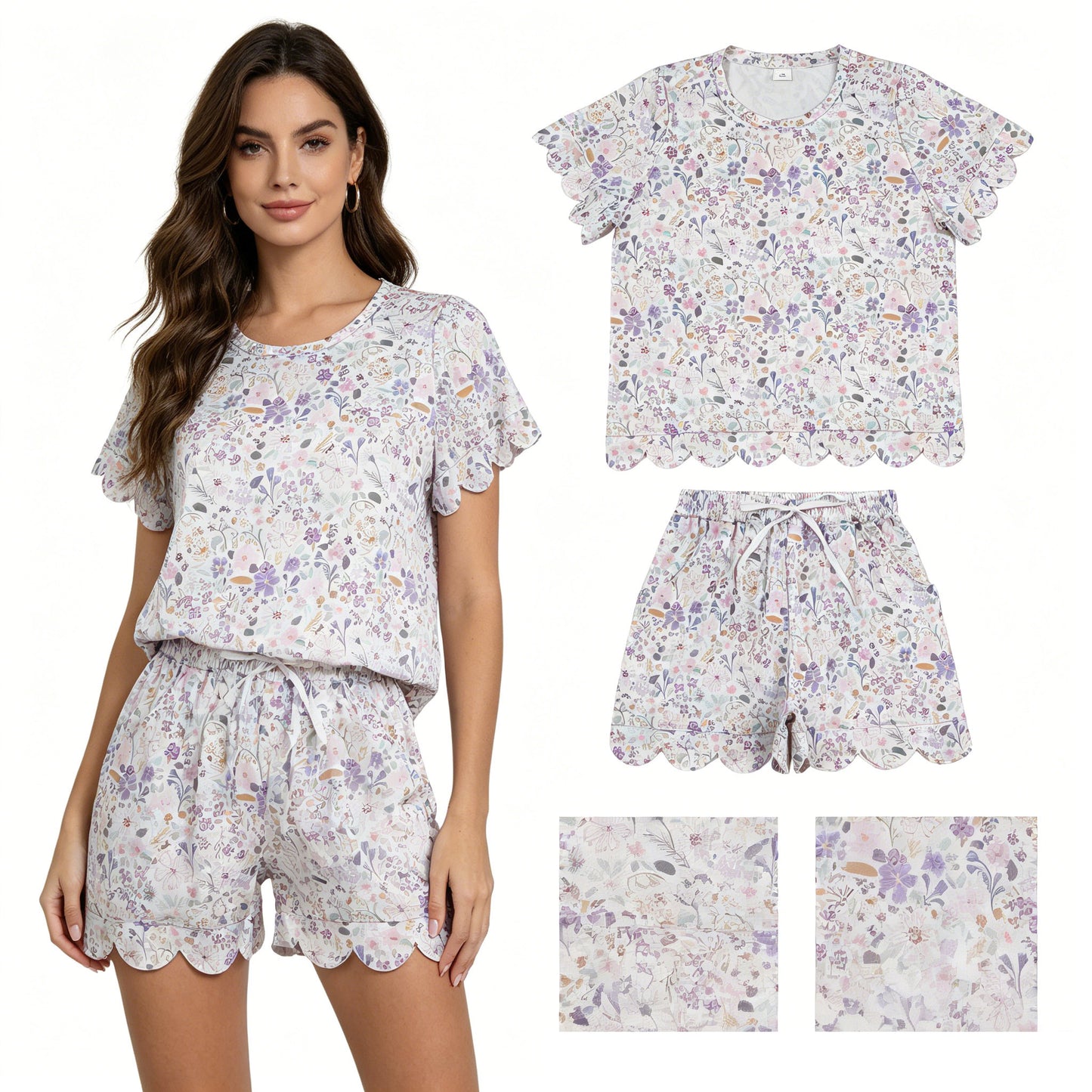 GSSO3420 Adult Female Purple Flower Leaf White Ruffle Short Sleeve Shorts Sets 202605 RTS