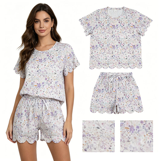 GSSO3420 Adult Female Purple Flower Leaf White Ruffle Short Sleeve Shorts Sets 202605 RTS