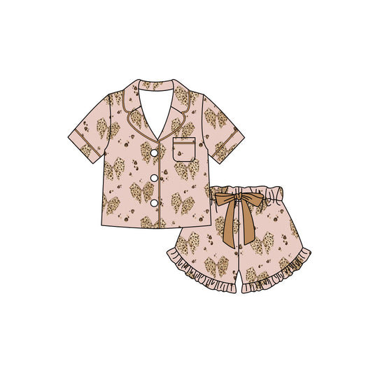 MOQ 5 PCS Preorder GSSO3422 Leopard Bows Pink Brown Buttons Polo Short Sleeve Shorts Girls Pajama Sets 202602