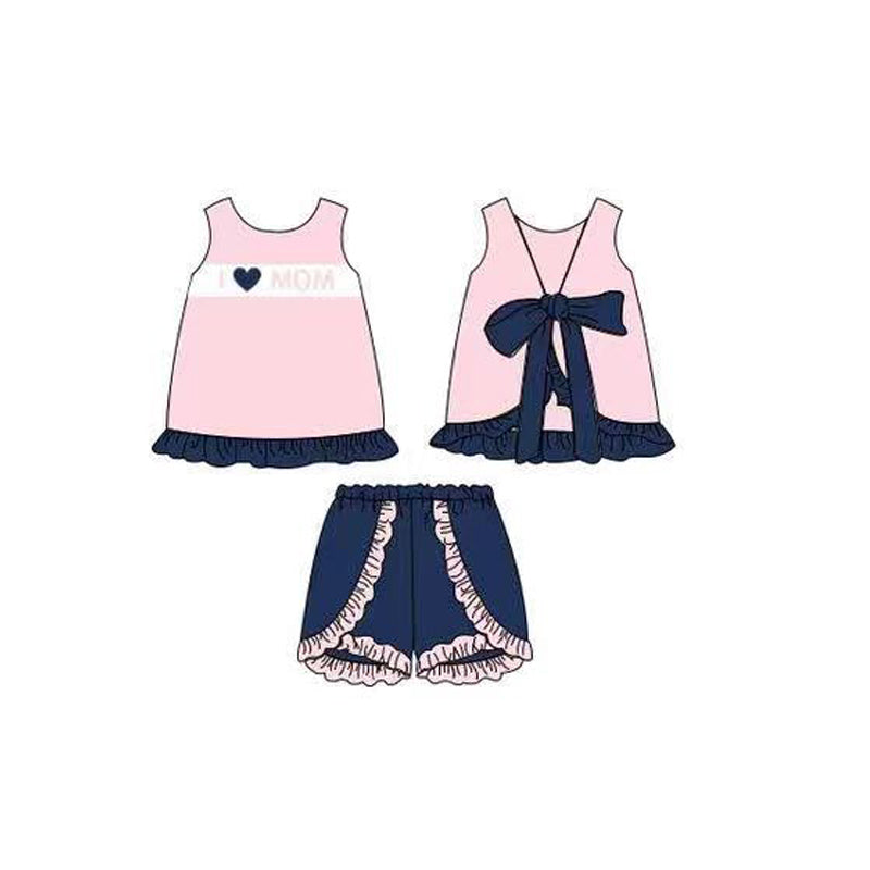 MOQ 5 PCS Preorder GSSO3427 I Love Mom Bows Navy Ruffle Sleeveless Shorts Girls Sets 202602