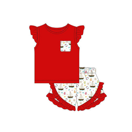 MOQ 5 PCS Preorder GSSO3429 Sailboat Pocket Red Flying Sleeve Ruffle Shorts Girls Sets 202602