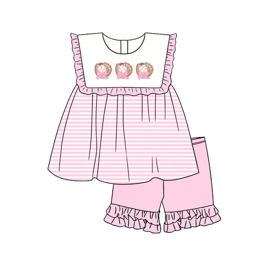 MOQ 5 PCS Preorder GSSO3430 Baseball Gloves Ruffle Pink Stripe Sleeveless Shorts Girls Sets 202602