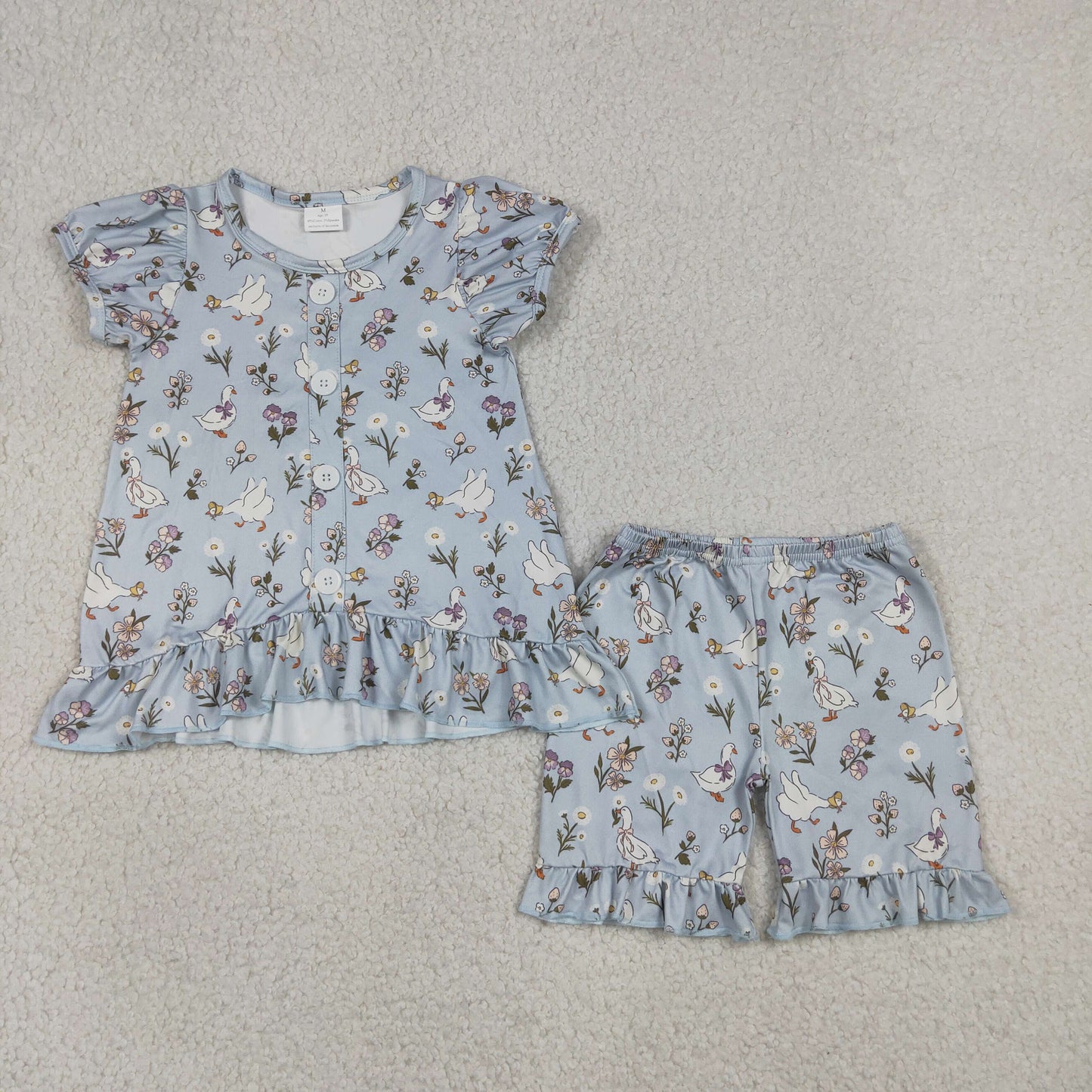 GSSO3433 Goose Flower Gray Blue Buttons Ruffle Short Sleeve Shorts Girls Sets 202605 RTS