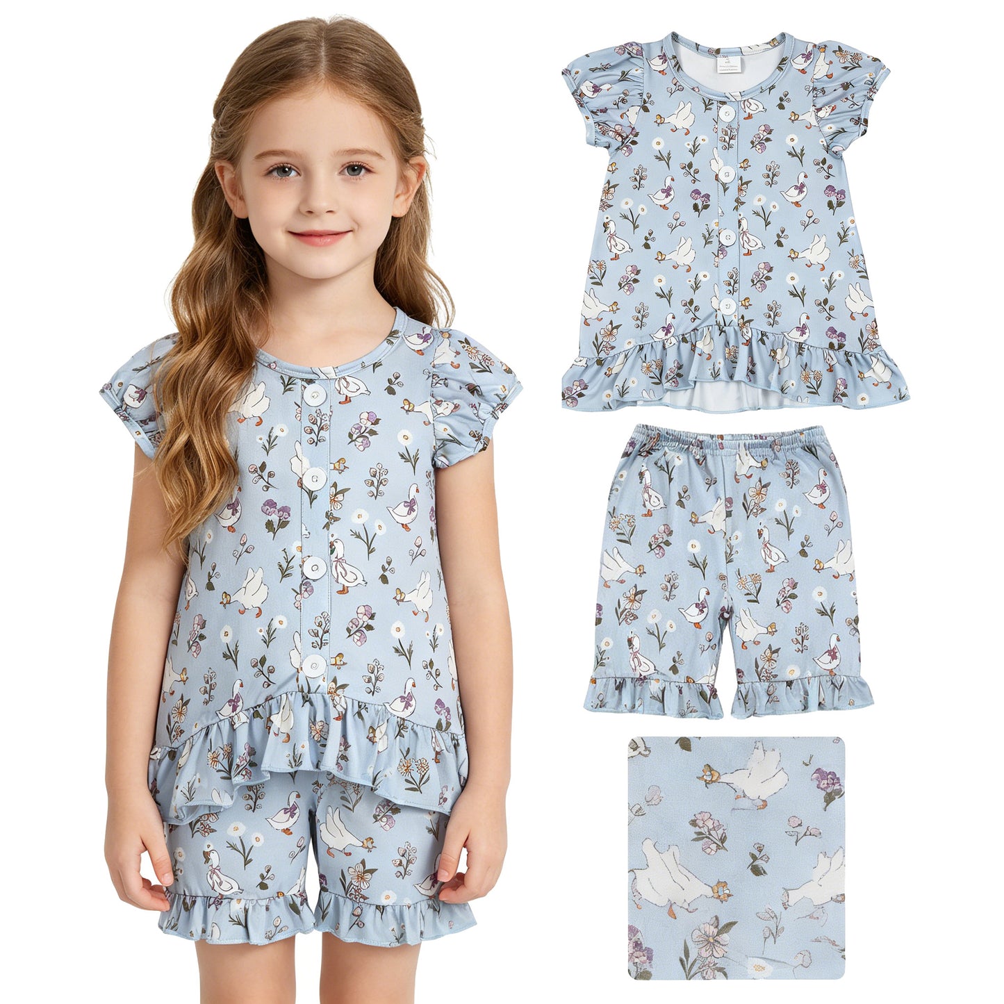 GSSO3433 Goose Flower Gray Blue Buttons Ruffle Short Sleeve Shorts Girls Sets 202605 RTS