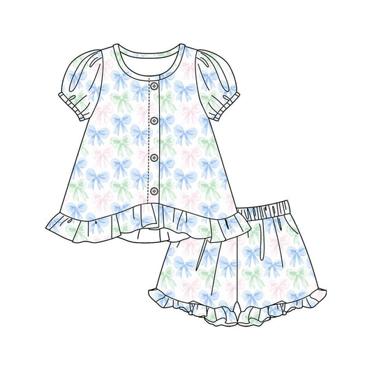 MOQ 5 PCS Preorder GSSO3434 Colored Bows Buttons Ruffle Short Sleeve Shorts Girls Sets 202603