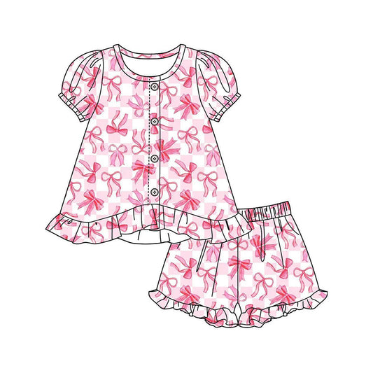 MOQ 5 PCS Preorder GSSO3436 Rose Red Plaid Bows Buttons Ruffle Short Sleeve Shorts Girls Sets 202603