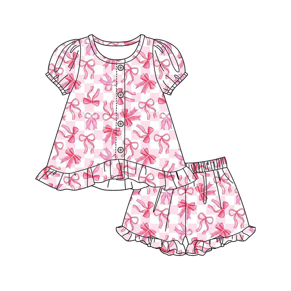MOQ 5 PCS Preorder GSSO3436 Rose Red Plaid Bows Buttons Ruffle Short Sleeve Shorts Girls Sets 202603