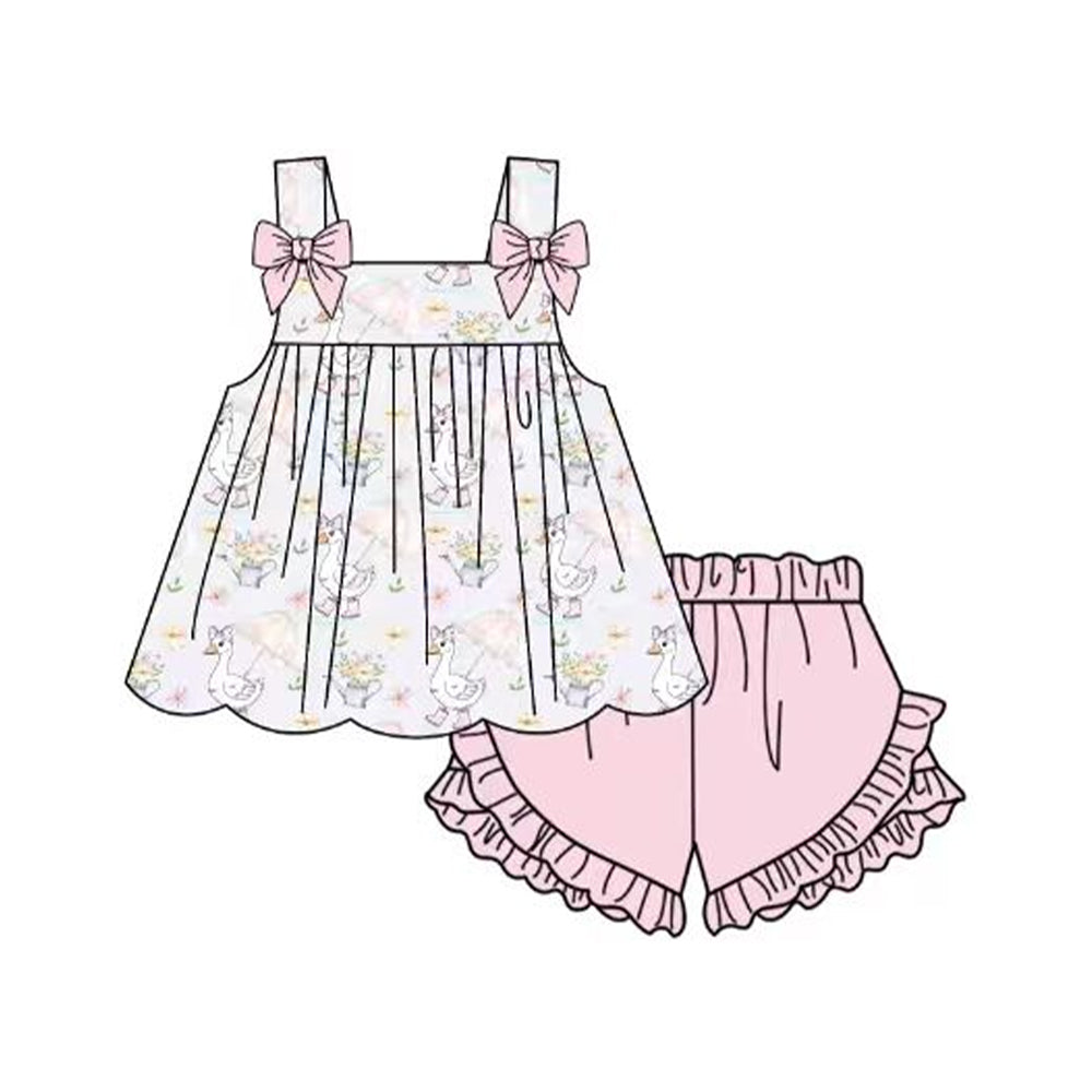 MOQ 5 PCS Preorder GSSO3438 Goose Flower Sleeveless Pink Ruffle Shorts Girls Sets 202603