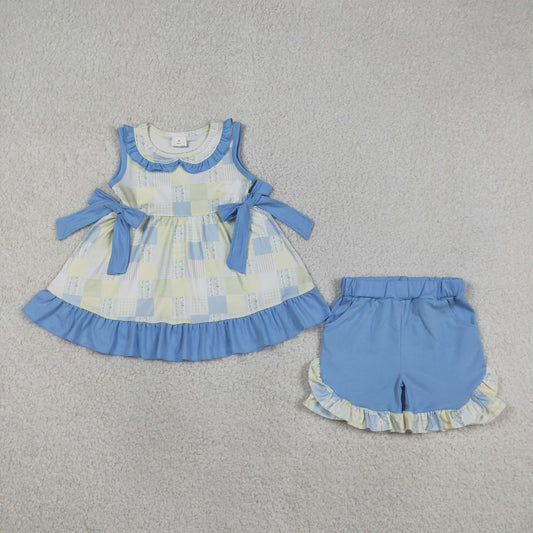GSSO3439 Colored Stripe Plaid Blue Bows Ruffle Sleeveless Shorts Girls Sets 202605 RTS