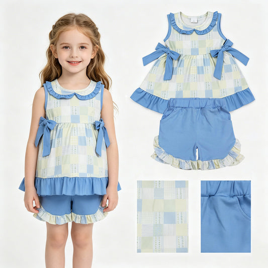 GSSO3439 Colored Stripe Plaid Blue Bows Ruffle Sleeveless Shorts Girls Sets 202605 RTS