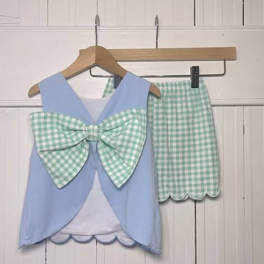 MOQ 5 PCS Preorder GSSO3440 Green Plaid Big Bow Ruffle Sleeveless Shorts Girls Sets 202603