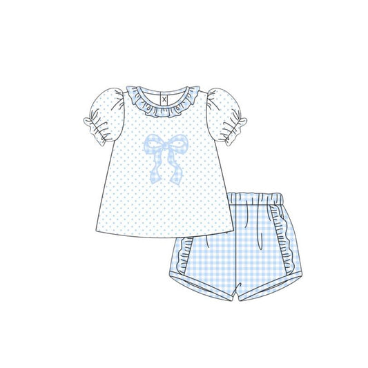 MOQ 5 PCS Preorder GSSO3441 Blue Bow Dots Ruffle Short Sleeve Shorts Girls Sets 202603
