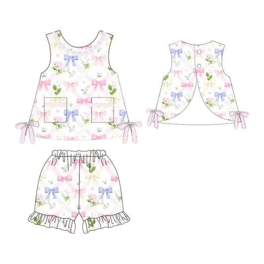 MOQ 5 PCS Preorder GSSO3442 Colored Bows Pocket Ruffle Sleeveless Shorts Girls Sets 202603