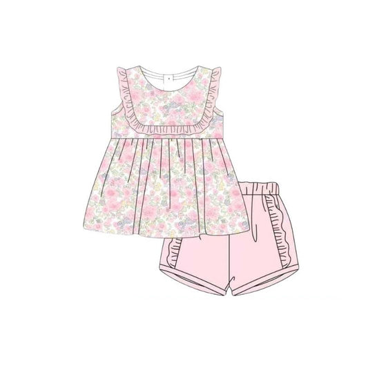 MOQ 5 PCS Preorder GSSO3443 Flower Pink Ruffle Sleeveless Shorts Girls Sets 202603