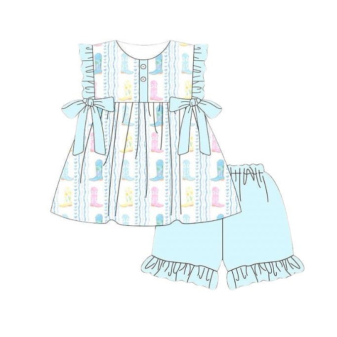 MOQ 5 PCS Preorder GSSO3444 Boots Love Light Blue Green Ruffle Sleeveless Shorts Girls Sets 202603