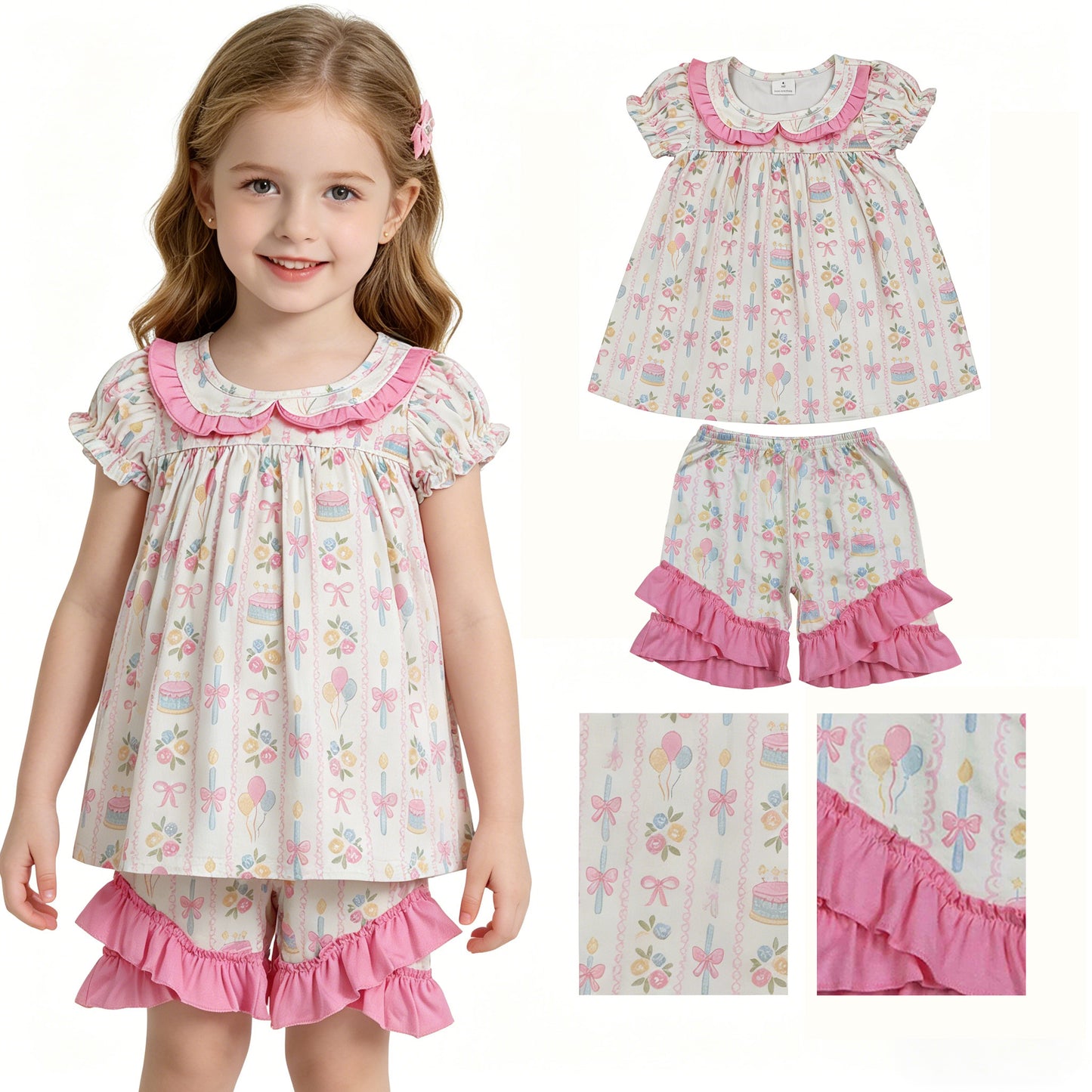 GSSO3445 Happy Birthday Flower Bows Cake Pink Ruffle Short Sleeve Shorts Girls Sets 202604 RTS