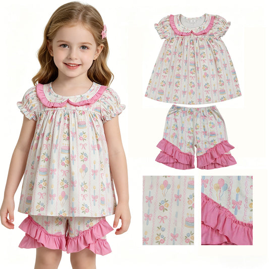 GSSO3445 Happy Birthday Flower Bows Cake Pink Ruffle Short Sleeve Shorts Girls Sets 202604 RTS