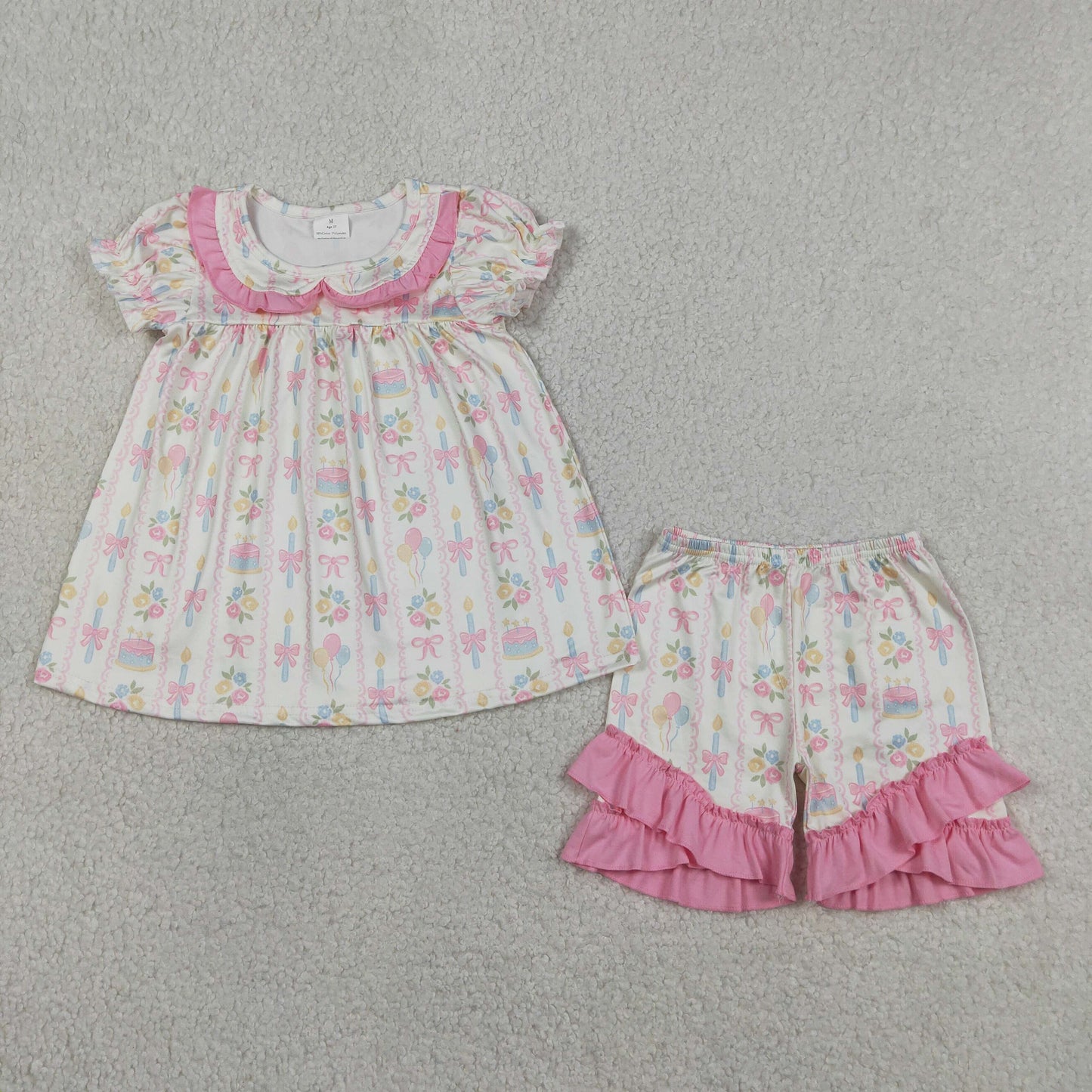 GSSO3445 Happy Birthday Flower Bows Cake Pink Ruffle Short Sleeve Shorts Girls Sets 202604 RTS