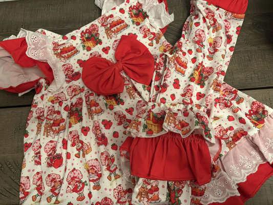 MOQ 5 PCS Preorder GSSO3446 Strawberry Girls Lace Ruffle Red Bow Flying Sleeve Shorts Girls Sets 202603