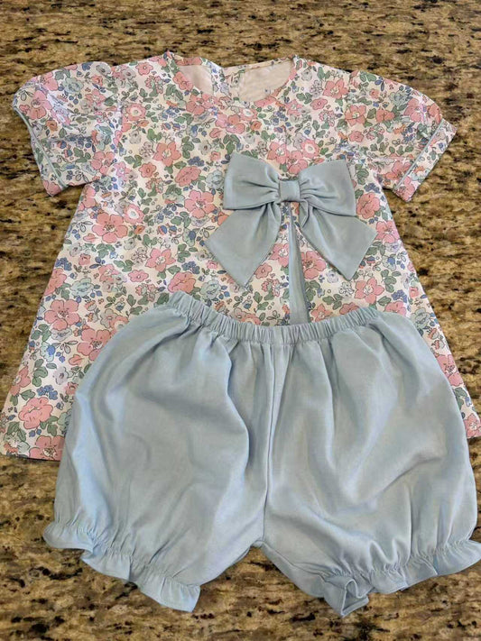 MOQ 5 PCS Preorder GSSO3447 Flower Gray Blue Bows Short Sleeve Shorts Girls Sets 202603