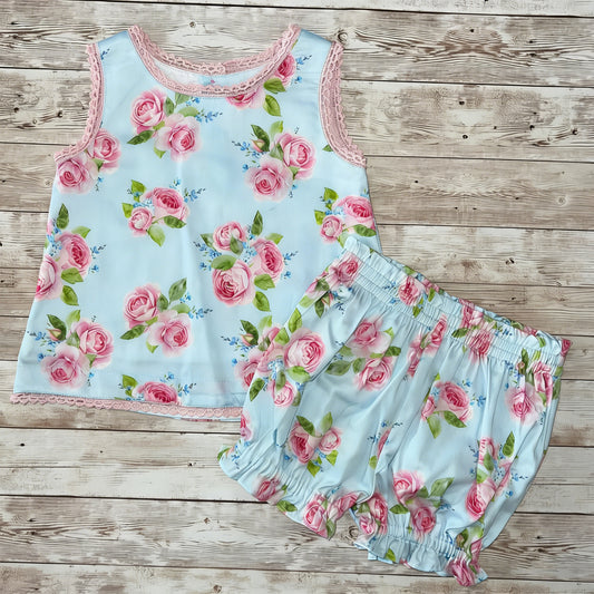 MOQ 5 PCS Preorder GSSO3448 Flower Pink Lace Ruffle Blue Sleeveless Shorts Girls Sets 202603
