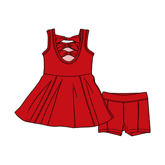 MOQ 5 PCS Preorder GSSO3453 Bows Solid Red Sleeveless Shorts Girls Sets 202603