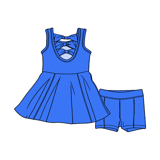MOQ 5 PCS Preorder GSSO3454 Bows Solid Blue Sleeveless Shorts Girls Sets 202603
