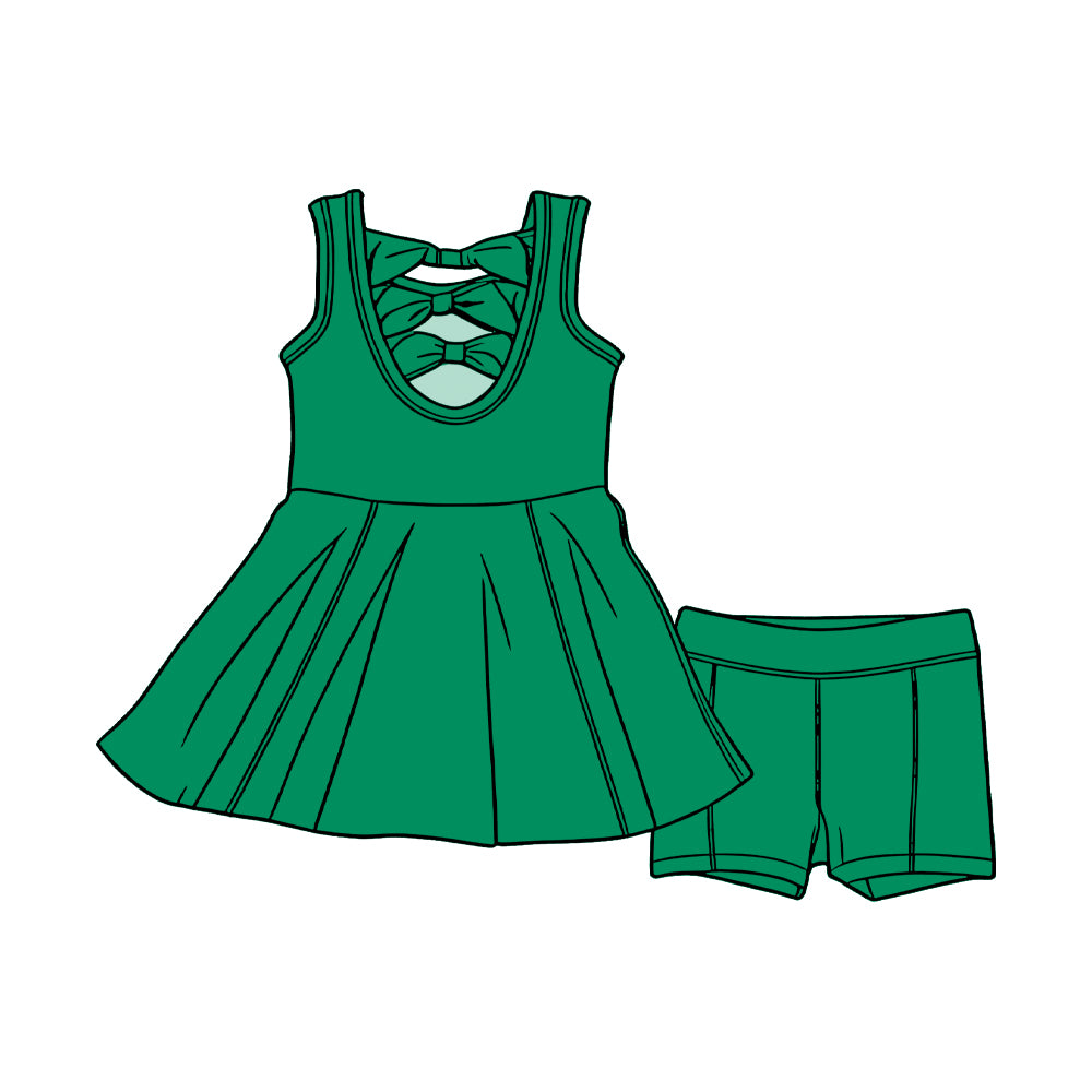 MOQ 5 PCS Preorder GSSO3458 Bows Solid Green Sleeveless Shorts Girls Sets 202603