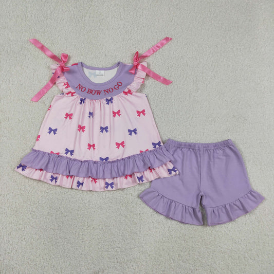 GSSO3460 Embroidered No Bow No Go Letter Pink Fly Sleeve Purple Ruffle Shorts Girls Sets 202605 RTS