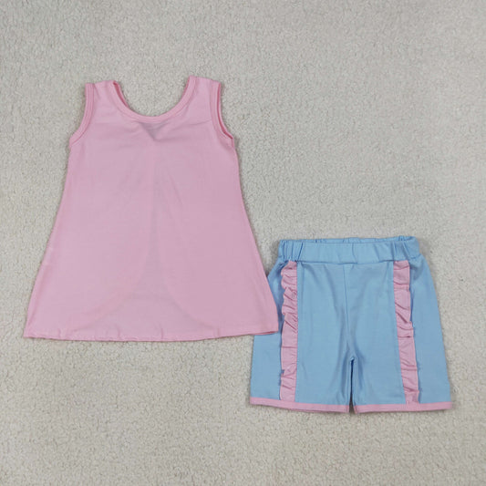 GSSO3462 Blue Big Bow Pink Sleeveless Shorts Girls Sets 202604 RTS
