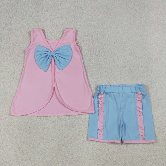 GSSO3462 Blue Big Bow Pink Sleeveless Shorts Girls Sets 202604 RTS
