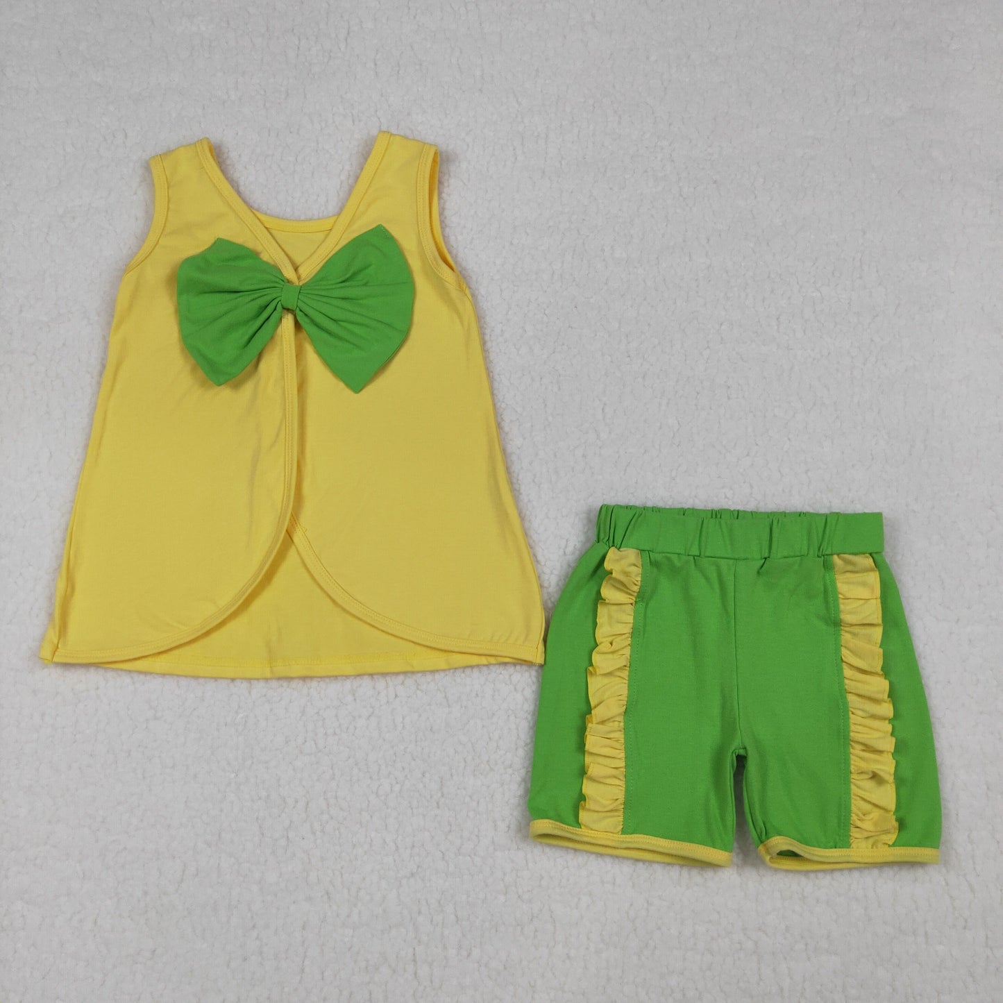 GSSO3464 Green Big Bow Yellow Sleeveless Shorts Girls Sets 202604 RTS