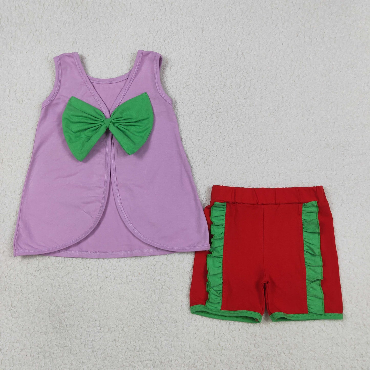GSSO3465 Green Big Bow Purple Sleeveless Shorts Girls Sets 202604 RTS