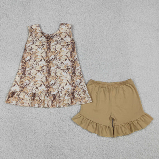 GSSO3467 Branches Leaves Ruffle Brown Bow Sleeveless Shorts Girls Sets 202605 RTS