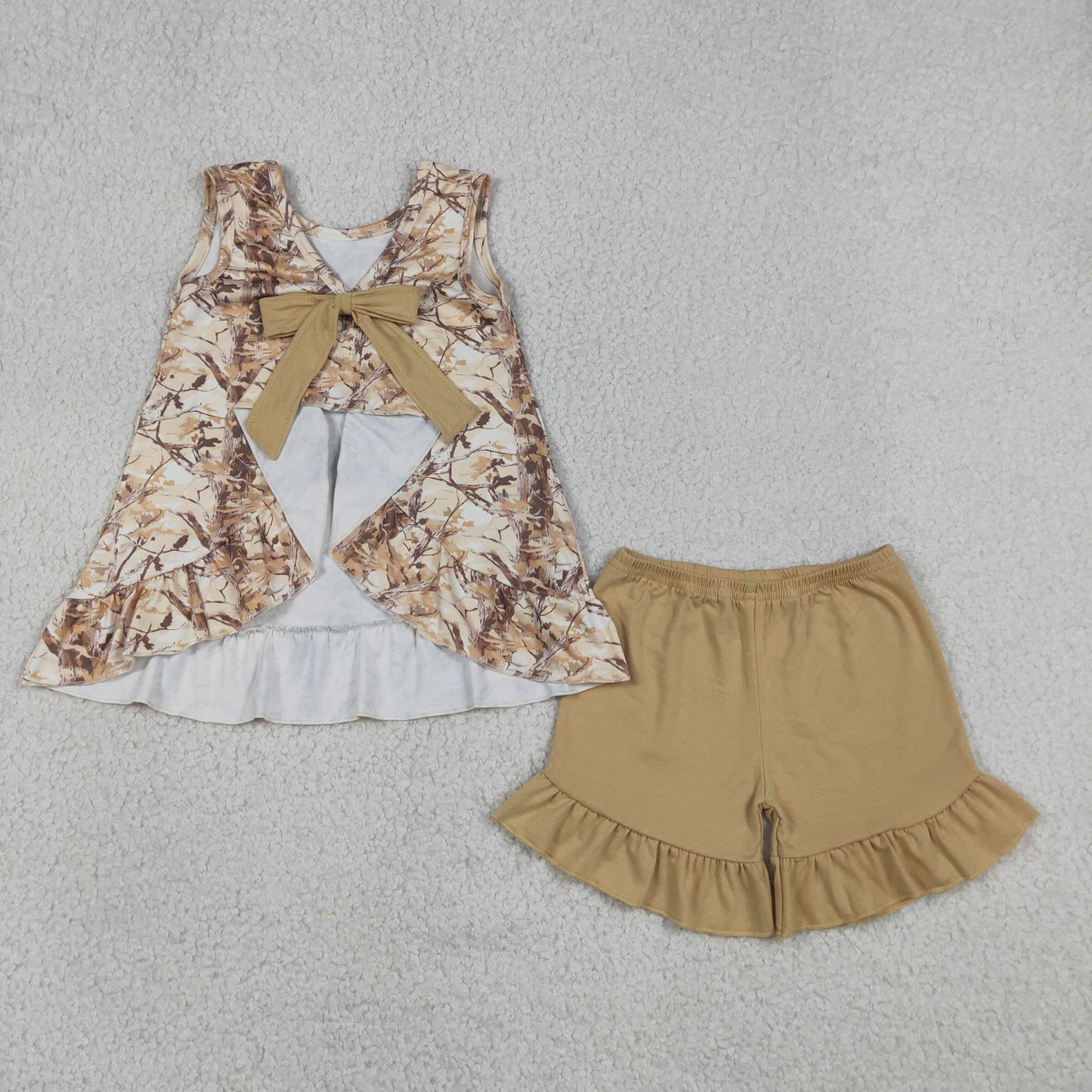 GSSO3467 Branches Leaves Ruffle Brown Bow Sleeveless Shorts Girls Sets 202605 RTS