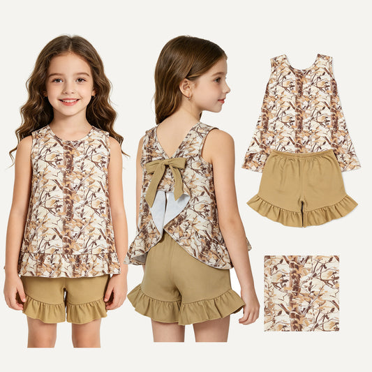 GSSO3467 Branches Leaves Ruffle Brown Bow Sleeveless Shorts Girls Sets 202605 RTS
