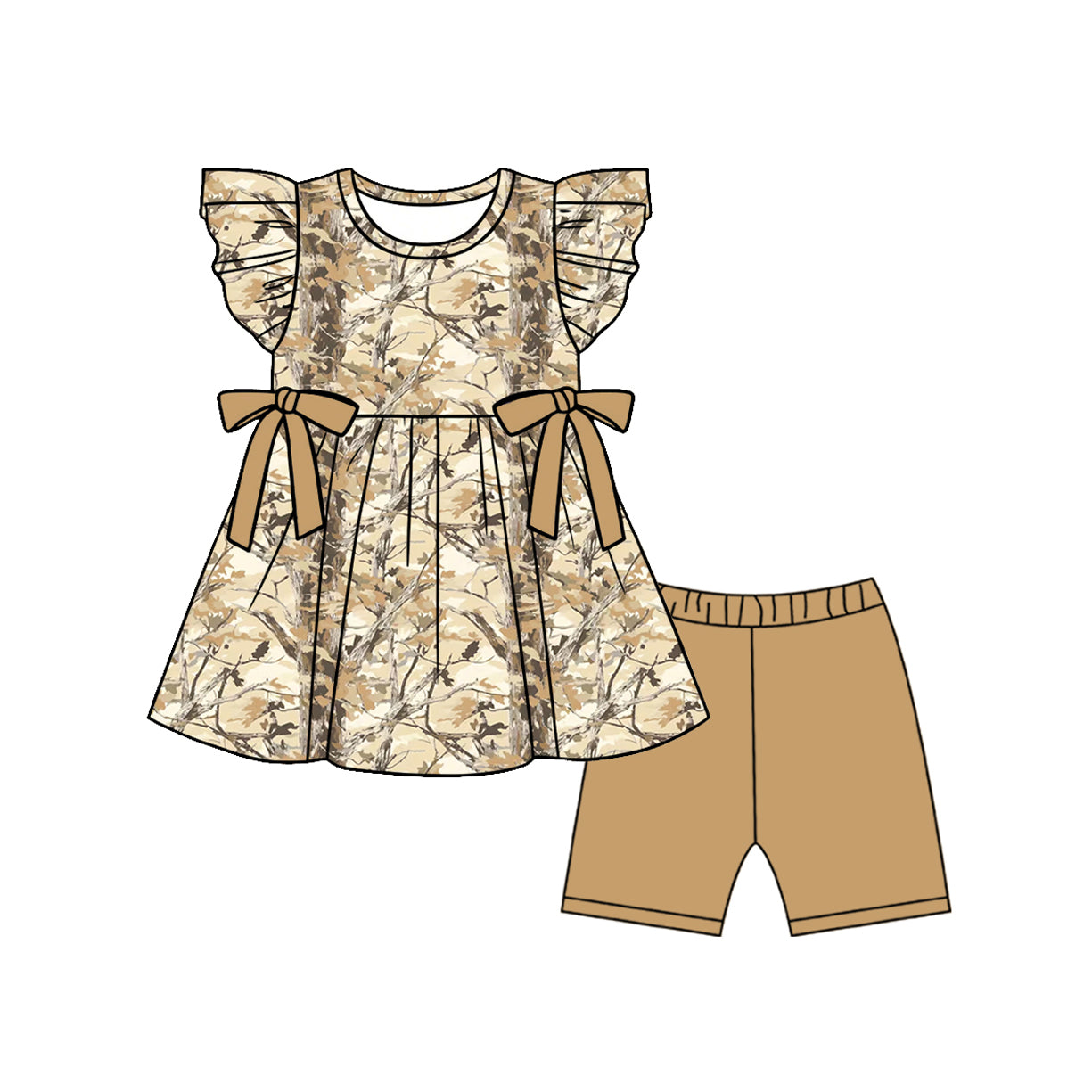 MOQ 5 PCS Preorder GSSO3468 Branches Leaves Brown Bows Fly Sleeve Shorts Girls Sets 202603