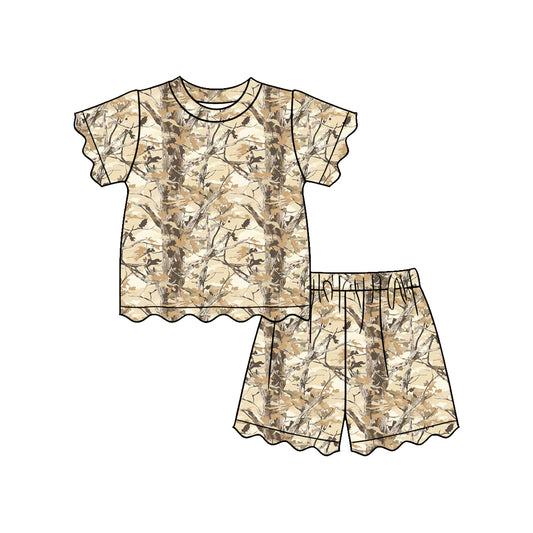 MOQ 5 PCS Preorder GSSO3469 Branches Leaves Wave Ruffle Short Sleeve Shorts Girls Sets 202603
