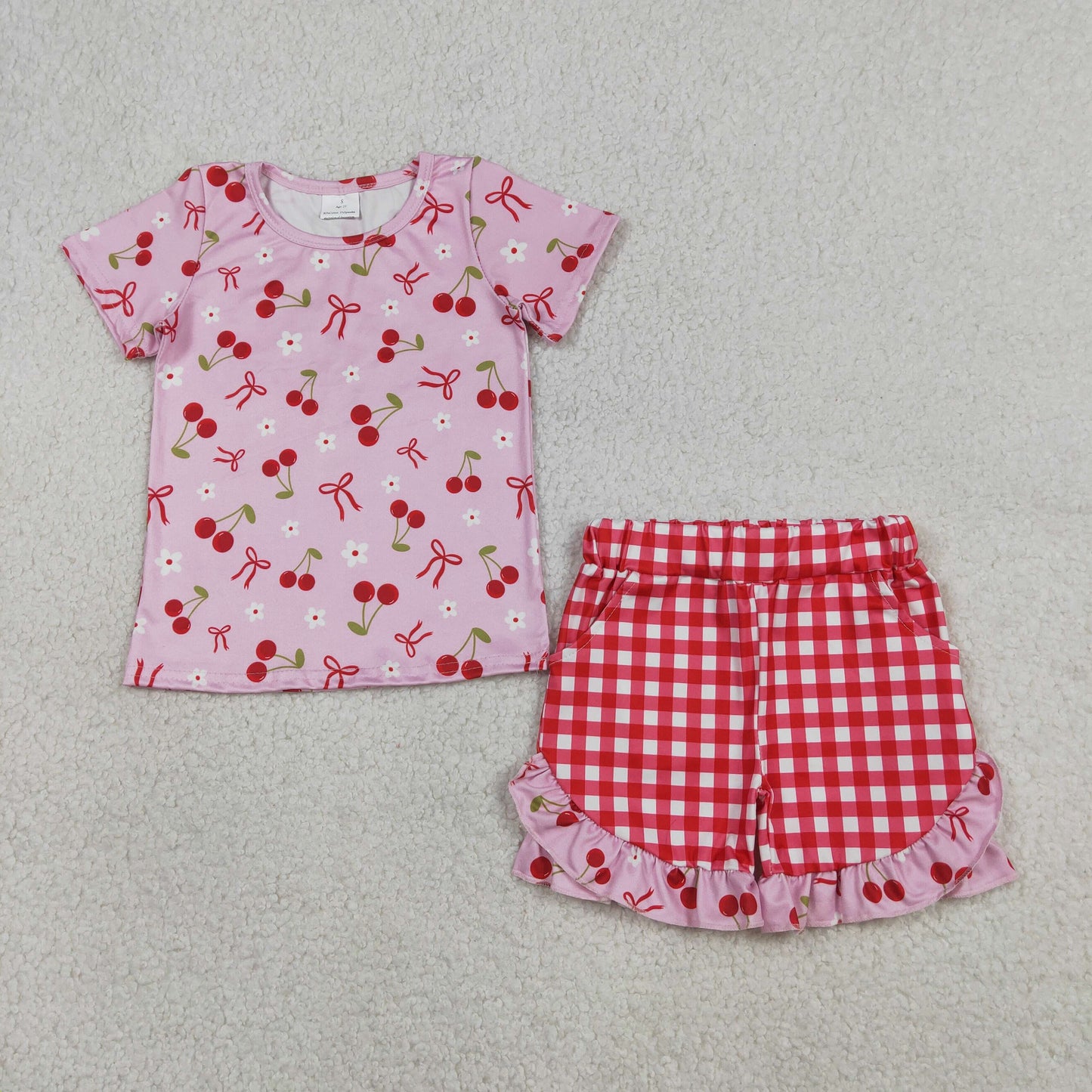GSSO3470 Cherry Bows Flower Pink Short Sleeve Red Plaid Ruffle Shorts Girls Sets 202603 RTS