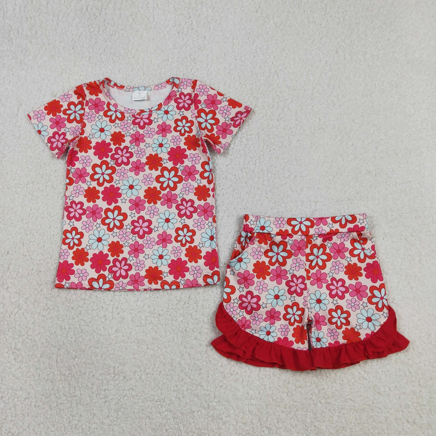 GSSO3471 Flower Short Sleeve Rose Red Ruffle Shorts Girls Sets 202604 RTS