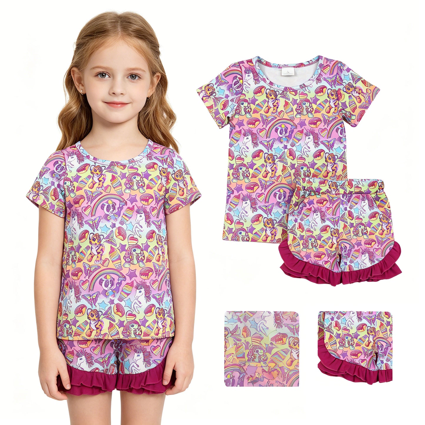 GSSO3472 Unicorn Rainbow Short Sleeve Purple Ruffle Shorts Girls Sets 202604 RTS