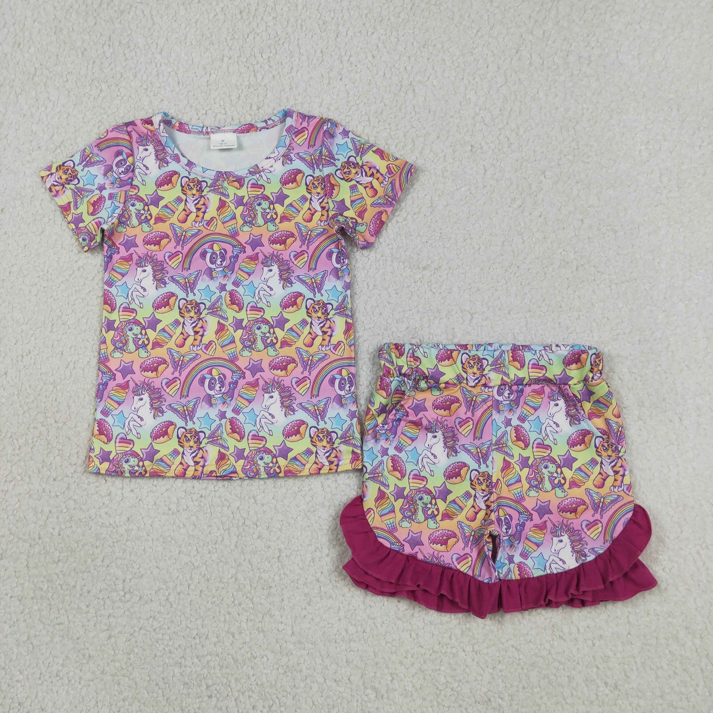 GSSO3472 Unicorn Rainbow Short Sleeve Purple Ruffle Shorts Girls Sets 202604 RTS
