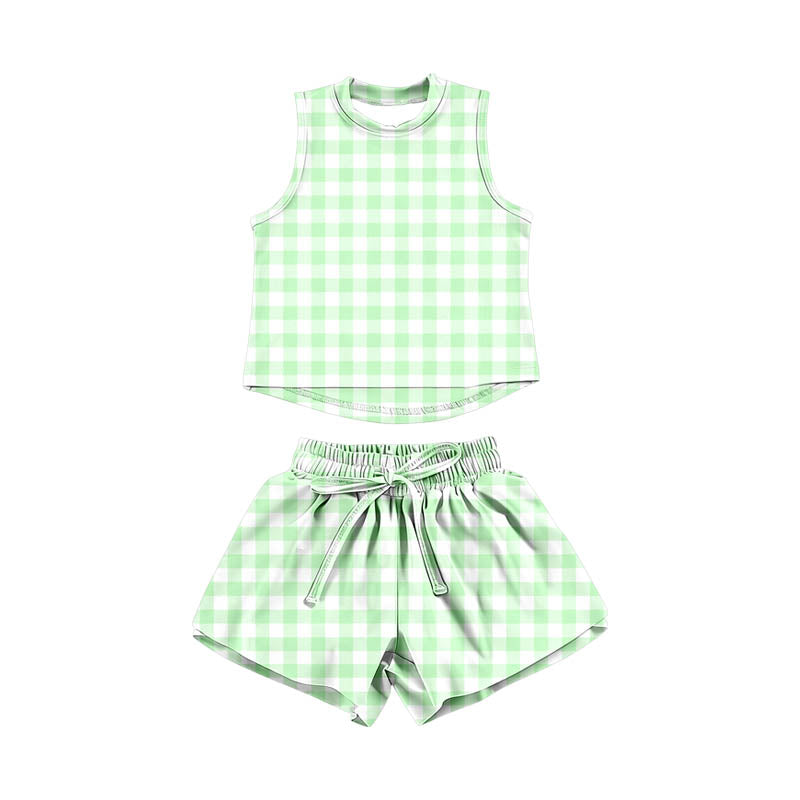 MOQ 5 PCS Preorder GSSO3474 Light Green Plaid Sleeveless with Double Layer Shorts Girls Yoga Sets 202603