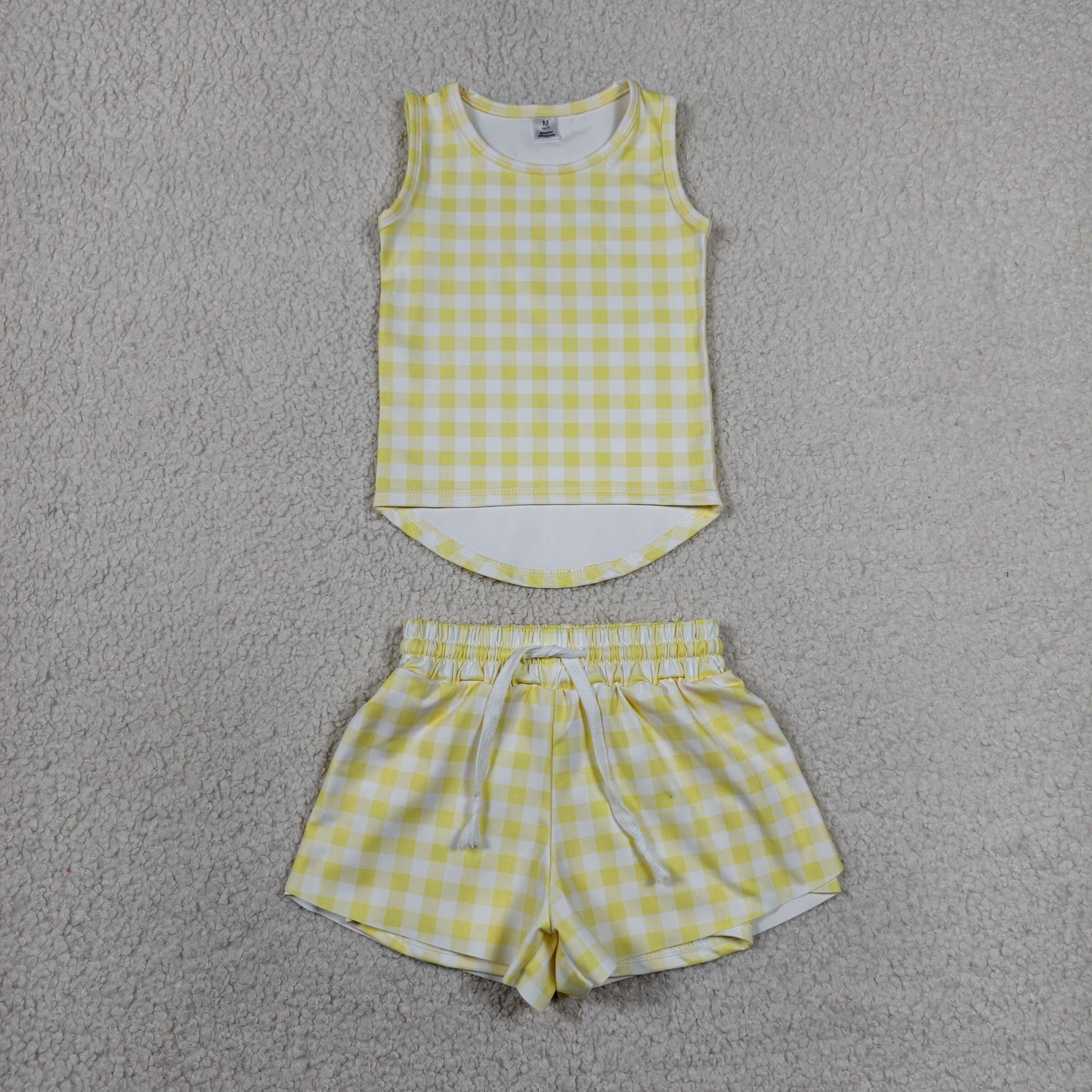 GSSO3475 Light Yellow Plaid Sleeveless with Double Layer Shorts Girls Yoga Sets 202606 RTS