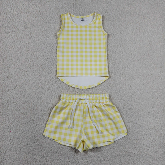 GSSO3475 Light Yellow Plaid Sleeveless with Double Layer Shorts Girls Yoga Sets 202606 RTS