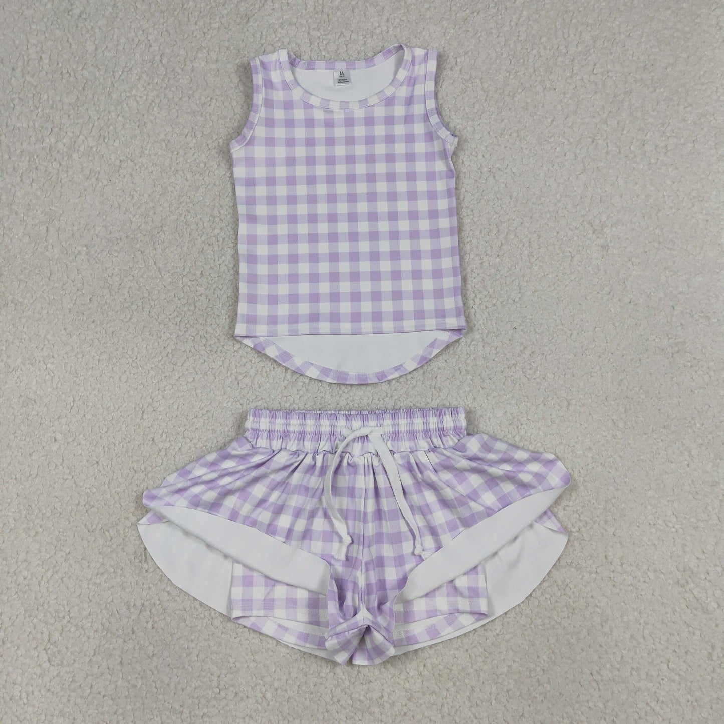 GSSO3477 Light Purple Plaid Sleeveless with Double Layer Shorts Girls Yoga Sets 202604 RTS